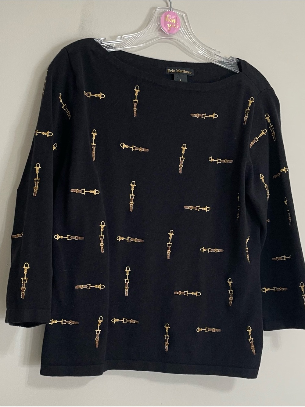 Erin Matthews Black Top with Golden Buckles Design ~ Size L ~Lightweight Sweater